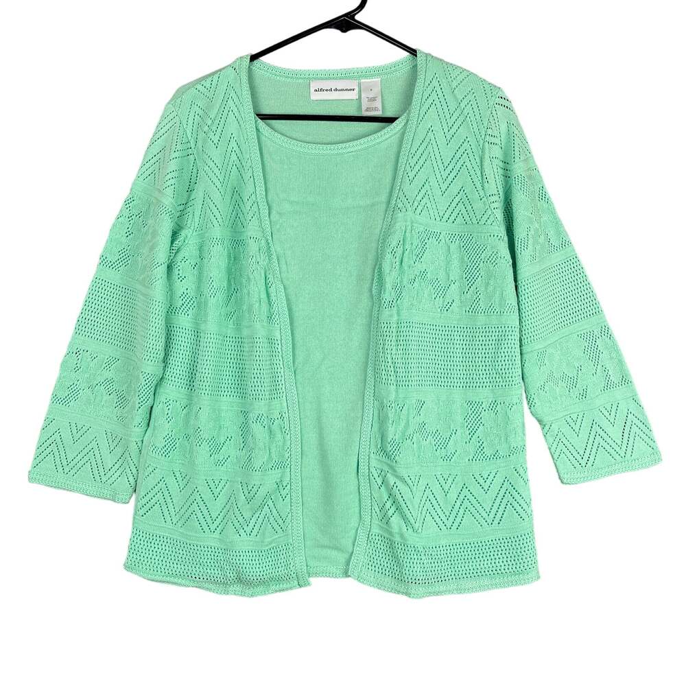 Alfred Dunner Womens Sweater Green Attached Open Front Knitted Cardigan Small